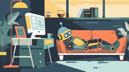 3D illustration of a friendly robot chatbot sitting on a sofa and typing on a laptop, artificial intelligence assistant working remotely in a cozy home environment, futuristic concept