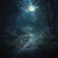 Enchanted woodland illuminated by moonlight high resolution picture