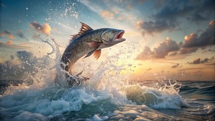 Obraz premium Wild fish leaping from ocean, water splashing, concept of freedom and vitality