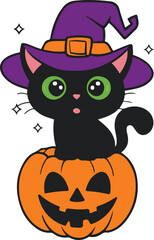 Cute black cat wearing a witch hat sitting on a carved pumpkin, Halloween cartoon vector illustration, isolated on white background.