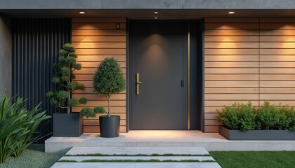 Modern home entrance exterior with dark grey door, wooden wall panels, green plants, small trees. Contemporary design, luxury residential property, real estate. Front view, architectural detail.