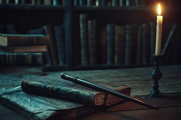 Moody dark academia still life with a wooden table, vintage books, and a magic wand, mysterious candlelight atmosphere evoking knowledge, mystery, and sorcery aesthetic