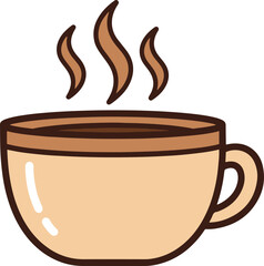 A cartoon illustration of a beige coffee or tea cup with brown liquid inside and three wavy lines of steam rising from the top.