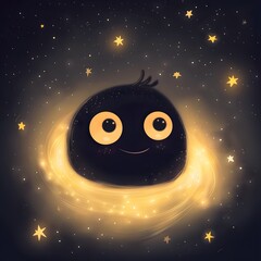 Cute black hole illustration with smiling face and colorful cosmic elements, adorable space cartoon concept with stars and galaxies in a playful and dreamy universe background