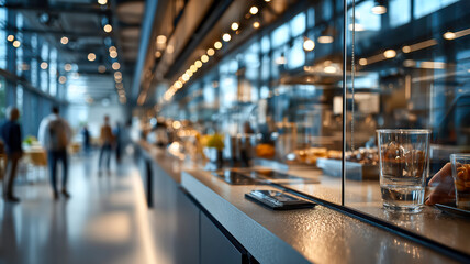 Modern cafeteria with blurred patrons, food service area, and glass partitions in soft, diffused lighting. Interior design.