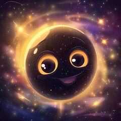 Cute black hole illustration with smiling face and colorful cosmic elements, adorable space cartoon concept with stars and galaxies in a playful and dreamy universe background