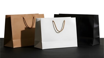 Three shopping bags in brown white and black on a dark surface