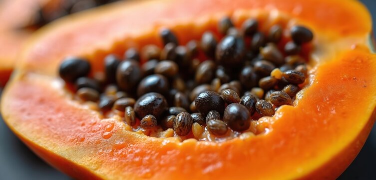 Detailed close-up illustration of sliced papaya vibrant orange flesh filled with numerous dark seeds. Tropical fruit shot emphasizes healthy eating, organic nourishment, vitamin C content. Perfect