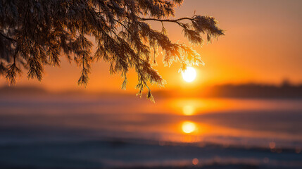 snowladen branches of majestic pine tree glisten under ultrabright sunset sky