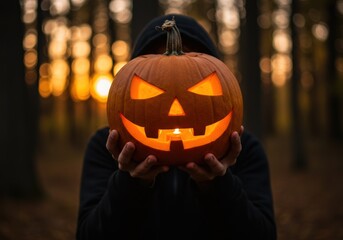 Spooky jack-o'-lantern held by a person in a forest.
