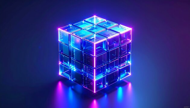 Luminous cube network structure of interconnected nodes in dark environment - Powered by Adobe