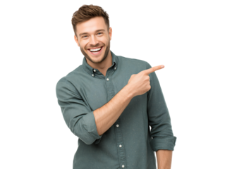 Happy Man Pointing, Gesture, Advertisement, Presentation, Isolated on White Background