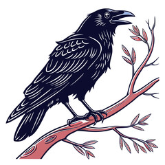 Black raven perched on a branch
