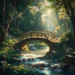 Enchanted woodland path with rustic bridge high resolution picture