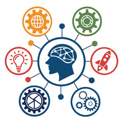 Mind map of ideas and technology with gears, rocket, and lightbulb