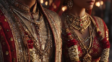 Radiant couple adorned in traditional Indian wedding attire and exquisite jewelry.