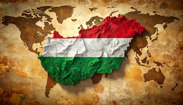 Hungary flag drapes over a textured, antique world map, highlighting the country’s borders. The image symbolizes national identity, geography, and cultural heritage.