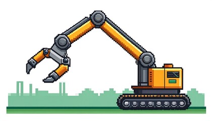 Pixelated demolition machine with skyline background, retro aesthetic