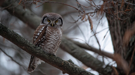 Obraz premium Northern owl perched on a branch in a winter forest setting