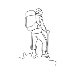 Continuous line drawing of man hiking mountain hill wearing backpack. Single line art of traveler with bag. Vector illustration editable stroke