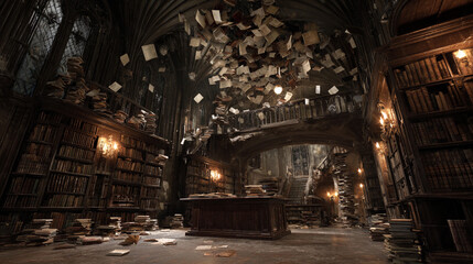 Fototapeta premium Mystical library with flying books and ancient architecture unfolding