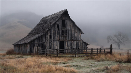 Obraz premium Rustic barn stands in foggy meadow at early morning light
