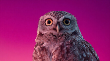 Little owl perched with vibrant purple background at dusk