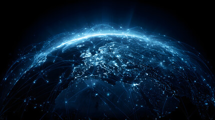 The globe is illuminated with digital connections, sowcasing global data netwoks in a striking blue colo against a dark background