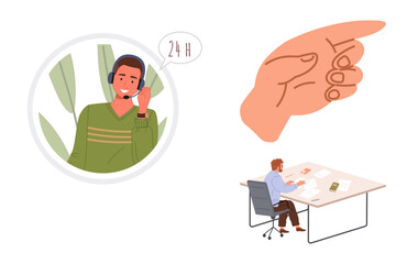 Customer service agent taking a call with headset and 24H bubble, hand gesture showing approval, office worker analyzing papers at desk. Ideal for communication, service, teamwork, support
