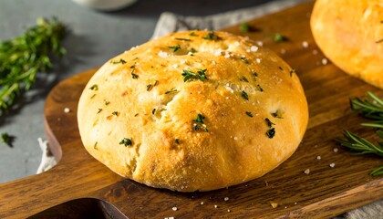 Fresh baked rosemary and salt focaccia on a wooden board