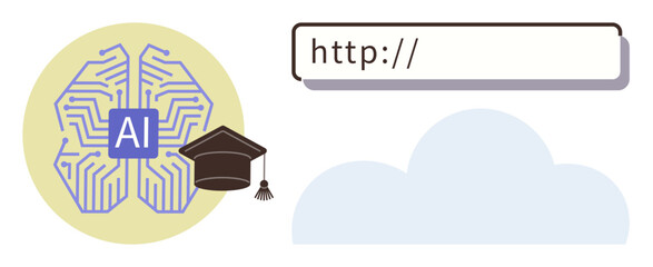 Brain with AI label, graduation cap, search bar with http, and cloud icon. Ideal for technology, AI learning, online education, knowledge research innovation understanding. Simple flat metaphor