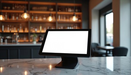 Modern touch cash register terminal on marble counter in restaurant bar. Blank white screen ready for payment system. Electronic device for retail sales, transactions, finances, business management.
