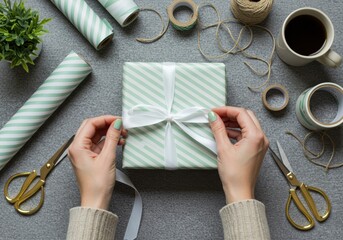 Woman's hands tying a bow on a wrapped gift
