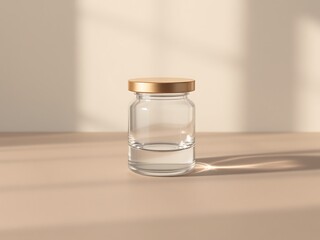 Clear, empty glass jars and bottles on a table