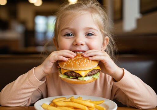 Little girl enjoying a delicious cheeseburger and french fries.