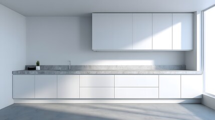 Minimalist Modern Kitchen with White Cabinets and Light Gray Stone Countertop