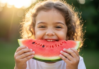 Happy girl eating watermelon slice outdoors.