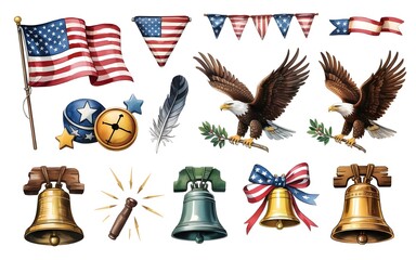 Collection of american patriotic symbols including flags, eagles, bells, and bunting, isolated on white background