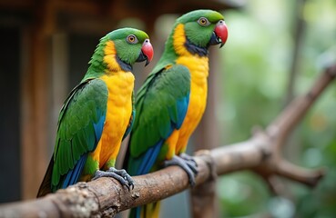 Fototapeta premium Two vibrant parrots, one Ara, one Blue Macaw, perch on branch in Brazilian jungle. Green, yellow, blue feathers stand out against rich tropical foliage. Exotic birds native to South America,