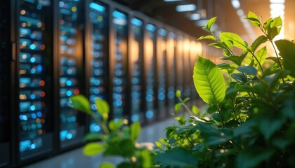 Modern data center rows with server racks featuring glowing lights. Green plants, leaves in foreground, backlit by warm sunlight, eco-friendly technology, sustainable innovation for future business