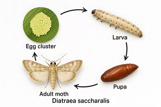 Infographic illustration of Diatraea saccharalis life stages, from egg to adult moth, educational concept.
