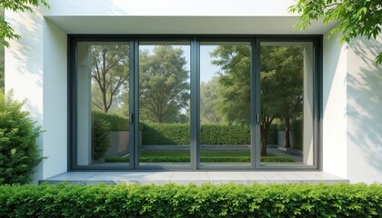 Obraz premium Modern sliding glass window frames a lush green garden view. Minimalist design with aluminium frames allows ample daylight. Energy-efficient panes connect indoor living space with outdoor serenity.