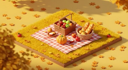 Cozy Autumn Picnic Isometric View with Harvest Basket, Bread, Pumpkin & Fall Leaves