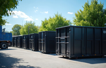 Row of black metal construction dumpsters parked on asphalt. Blue truck visible on left. Bright sunny day with green trees and blue sky. Ideal for renovation, waste management, demolition projects.
