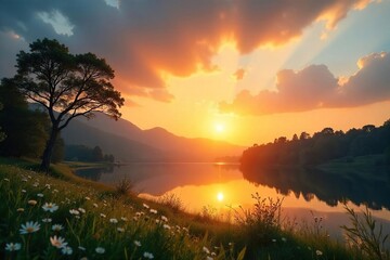 Obraz premium Serene sunrise illuminates a tranquil scene, radiating peaceful energy; perfect for meditation, mindfulness, and spiritual well-being themes , mindfulness, mindful living