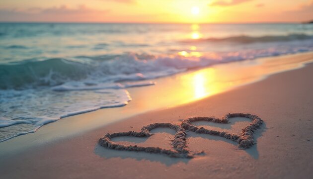 Two hearts drawn in soft white sand at ocean edge. Golden sunset light reflects on turquoise water and wet sand. Romantic beach scene symbolizes love and connection during summer vacation.