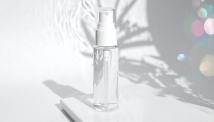 Clear spray bottle on white surface with shadows