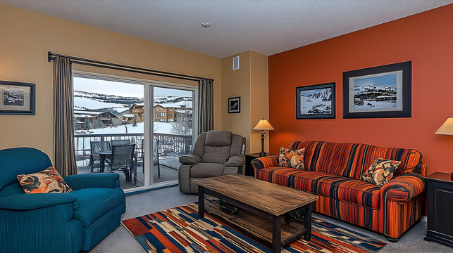 Modern living room interior with balcony view orange and blue accents