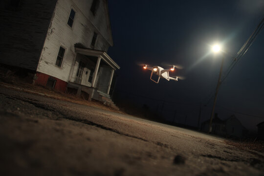 drones patrol residential areas at night ensuring safety with their ultrabright lights illuminating dark sky