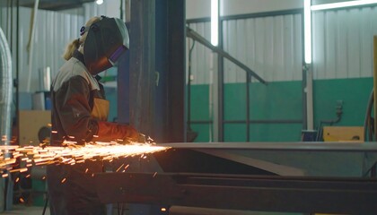 Industrial Grinding Operation with Protective Gear in a Manufacturing Setting